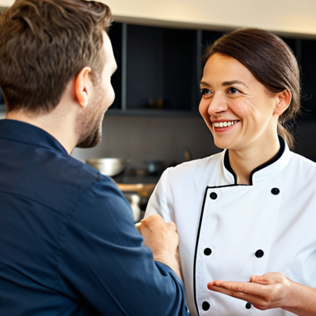 Professional Cook Interview**

"A professional cook in appropriate attire, being interviewed in a modern restaurant setting, fully clothed, safe for work, appropriate content, focused on a friendly conversation, interviewer and interviewee both smiling, natural lighting, professional, modest, family-friendly, perfect anatomy, correct proportions, natural pose, well-formed hands, proper finger count, natural body proportions"

**