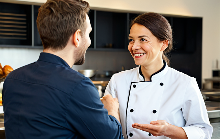 Professional Cook Interview**

"A professional cook in appropriate attire, being interviewed in a modern restaurant setting, fully clothed, safe for work, appropriate content, focused on a friendly conversation, interviewer and interviewee both smiling, natural lighting, professional, modest, family-friendly, perfect anatomy, correct proportions, natural pose, well-formed hands, proper finger count, natural body proportions"

**
