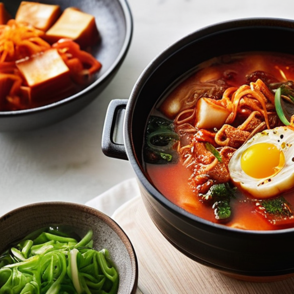 한식조리 실무에서 필요한 주요 레시피 - **Prompt:** A cozy, warm-lit kitchen setting features a rustic, bubbling earthenware pot (tteokbaegi...