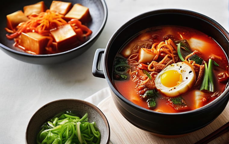 한식조리 실무에서 필요한 주요 레시피 - **Prompt:** A cozy, warm-lit kitchen setting features a rustic, bubbling earthenware pot (tteokbaegi...