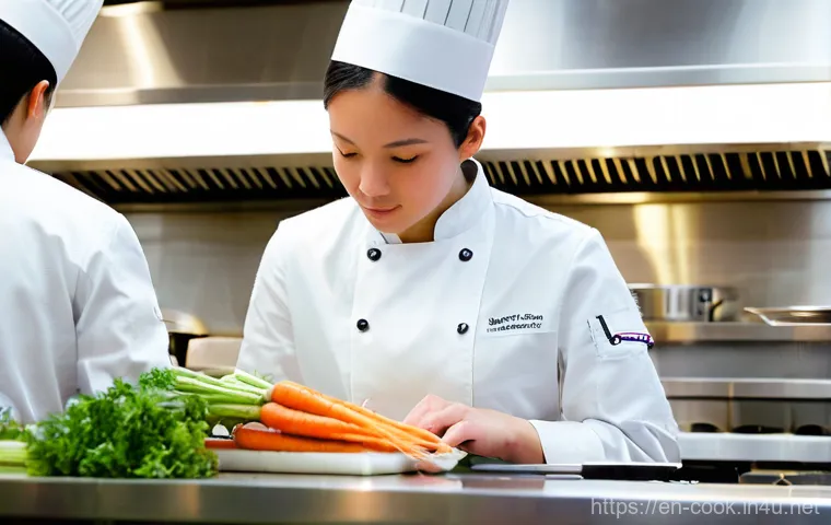 조리사 시험 필기와 실기 동시 준비법 - **Prompt 1: Precision in the Culinary Exam**
A highly focused culinary student, wearing a pristi...