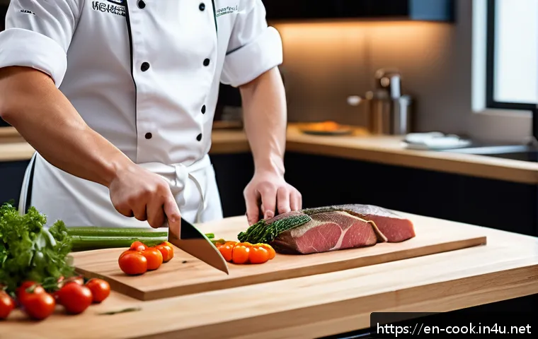 양식조리 자격증 시험 후기 - A professional culinary exam setting showing a focused young chef in clean chef whites, wearing a ne...