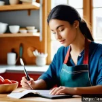 Home 18 조리사 자격증 학습 스케줄 관리 - A bright, modern kitchen scene featuring a young adult culinary student studying theory on a tablet ...