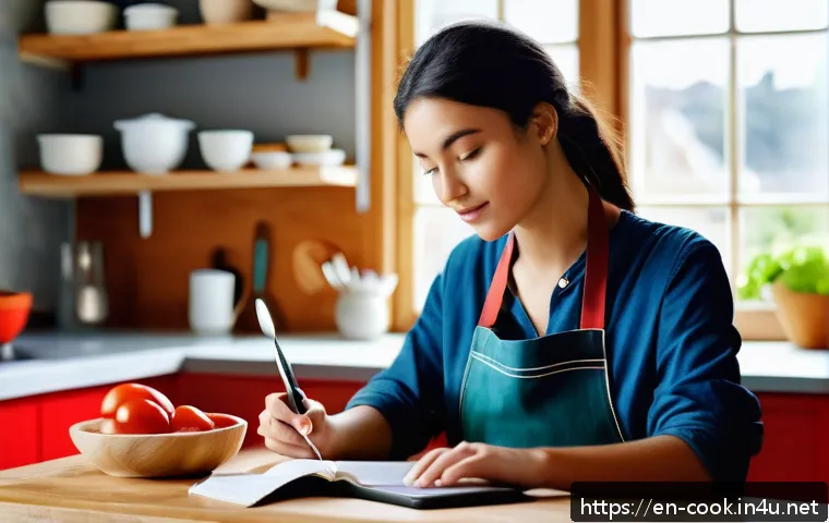 조리사 자격증 학습 스케줄 관리 - A bright, modern kitchen scene featuring a young adult culinary student studying theory on a tablet ...