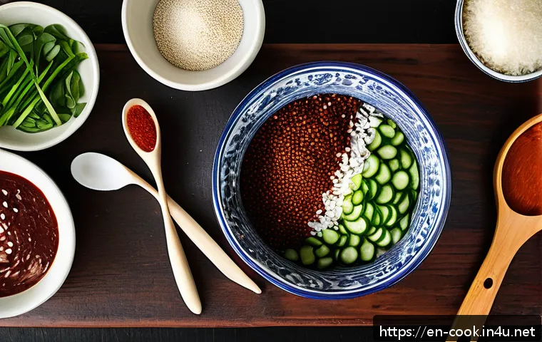 한식조리 자격증 실무 핵심 스킬 - A detailed close-up of a traditional Korean kitchen workspace showcasing the preparation of authenti...