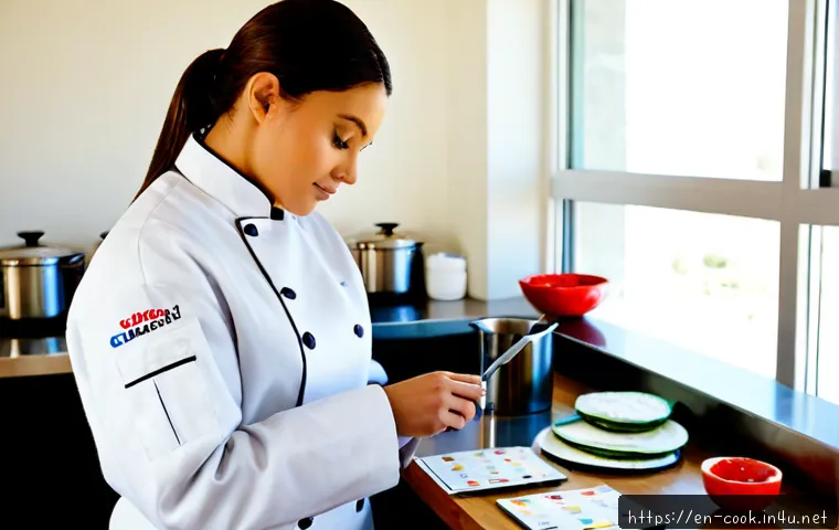 양식조리사 이론 필수 암기 사항 - Photorealistic culinary school study scene, an aspiring Western cuisine chef in a crisp white jacket...