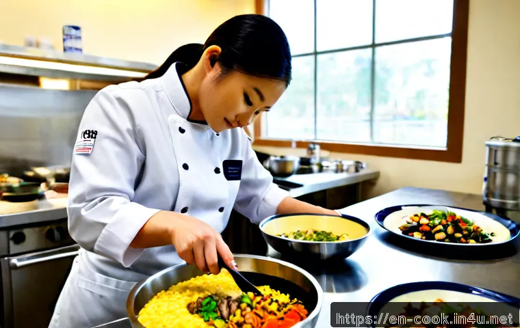 한식조리 자격증 관련 학원 리뷰 - Photorealistic culinary school kitchen in the United States, adult student in clean chef jacket and ...